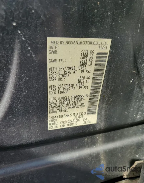 2021 Nissan Titan Sv z USA, uszkodzony, nr VIN 1N6AA1EF3MN533700